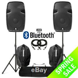 12 Bluetooth MP3 USB Active Powered Speakers with Stands + Bags DJ Disco 1200W
