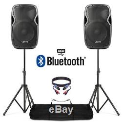 Active Powered 12 Bluetooth DJ PA Disco Speaker Set with Stands & Cables 1200W