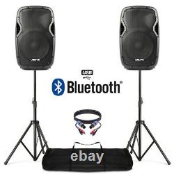 Active Powered 12 Bluetooth DJ PA Disco Speaker Set with Stands & Cables 1200W
