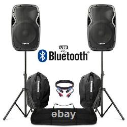 Active Powered 12 Bluetooth DJ PA Disco Speakers + Stands, Bags & Cables 1200W