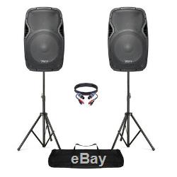 Active Powered 15 Mobile DJ PA Disco Speaker Set with Stands & Cables 1600W