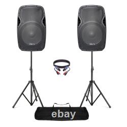 Active Powered 15 Mobile DJ PA Disco Speaker Set with Stands & Cables 1600W