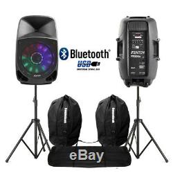Pair Active DJ Speakers PA Bluetooth Disco Karaoke Lights 15 350W + Stands Bags