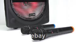 Portable PA Speaker 12 Bluetooth MP3 Disco Lights 2 Wireless Microphones 300W