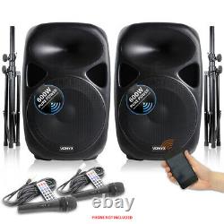Vonyx 15 Inch Active Powered PA Sound System Speakers Mics Stands 1200W DJ Disco